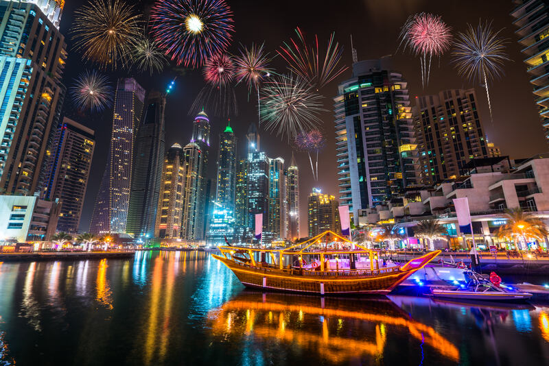 Firework display at Dubai marina at night, UAE